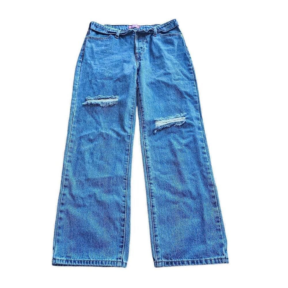 Edikted juniors Sz L blue distressed flared foldable waist jeans